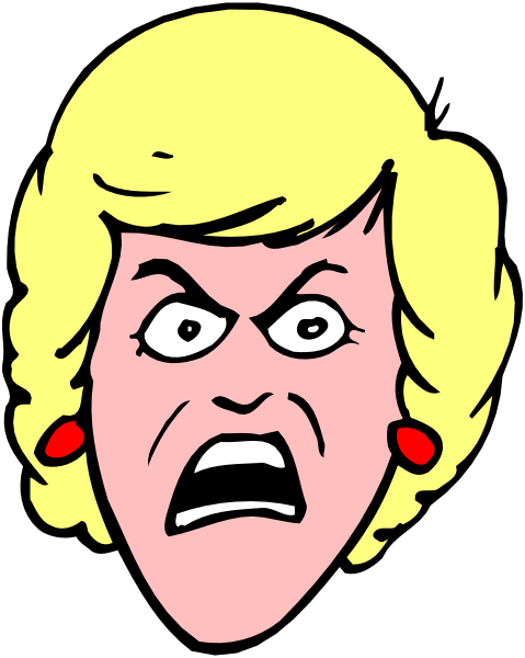 The image shows a cartoon of an older woman with exaggerated facial features such as large eyes and mouth, wearing red earrings; she appears to be in mid-expression, possibly shouting or yelling due to her wide open mouth revealing teeth.