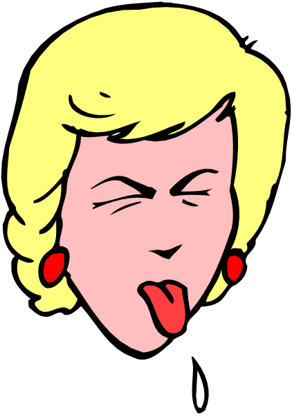 The cartoon shows a woman with her tongue sticking out playfully; she has blonde hair styled into bangs, wears red earrings, is wearing an expression of surprise on her face, and appears to be in mid-speech as indicated by the positioning of her mouth.