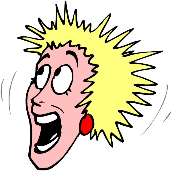 The cartoon shows a woman with blonde hair wearing red earrings; she has her mouth open as if shouting or singing while looking to one side.