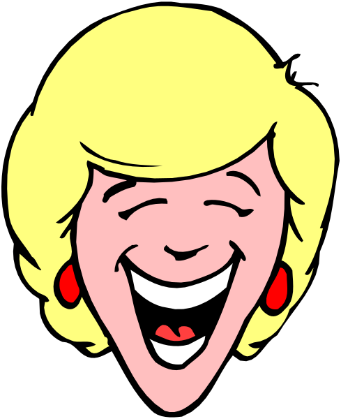 The image shows a cartoon of an animated female character with blonde hair wearing red earrings laughing heartily while standing in front of what appears to be a black background.