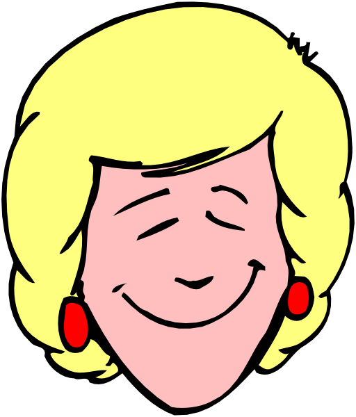 The image shows a cartoon of an animated woman with blonde hair wearing red earrings; she has her eyes closed in what appears to be contentment or happiness.