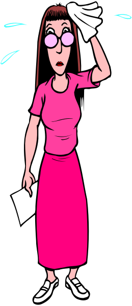 The cartoon depicts a woman with glasses holding her head while standing next to an open umbrella on what appears to be a rainy day outside at nighttime.