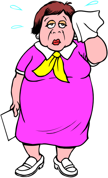 The cartoon depicts a woman with her hand on her head while holding an envelope to her ear as if it were a phone; she is wearing glasses over eyes that appear closed in concentration or distress.