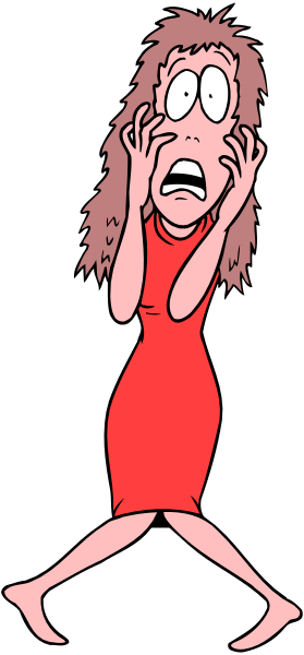 The cartoon shows a woman with her hands on either side of her head as if she's screaming; she is wearing red clothing and appears to be in an indoor environment that could suggest a hallway due to its narrowness, but there isn't enough detail for certainty about the setting or any other objects.