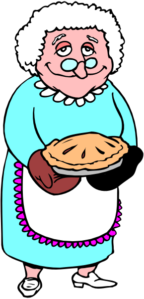 The cartoon depicts an elderly woman holding a pie with her left hand while wearing glasses on top of her head; she is dressed in blue clothing including a dress shirt and apron over it, along with white shoes.