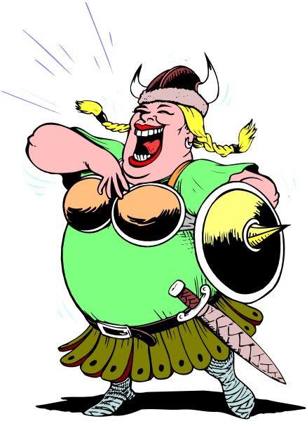 The cartoon depicts a woman dressed as an ancient warrior with blonde hair wearing armor, holding two swords crossed in front of her while standing on one leg; she is laughing maniacally at something off-frame and has horns protruding from her head.