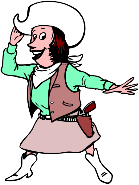 The illustration shows a cartoon character dressed as an old western cowboy with exaggerated features such as large eyes and hands in motion; she is wearing a white hat, vest, pants, boots, and holding her arms out to either side while standing on one leg against a black background.