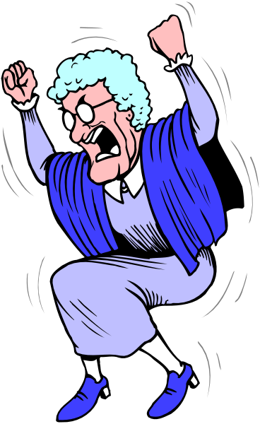 The cartoon shows an animated elderly woman with glasses wearing a blue cardigan who is jumping up excitedly while holding her arms out wide in front of herself against a black background.