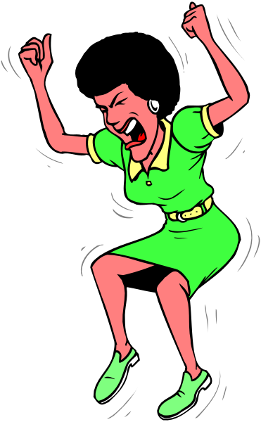 The illustration shows a woman with her arms outstretched as if she's dancing; she is wearing a green dress over what appears to be an orange shirt underneath.