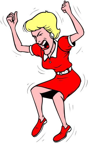 The cartoon shows a woman dressed as an airline stewardess with her arms outstretched to either side of herself in excitement; she is wearing red shoes on one foot while standing next to what appears to be a black and white checkered floor, possibly indicating that this scene takes place at the airport.