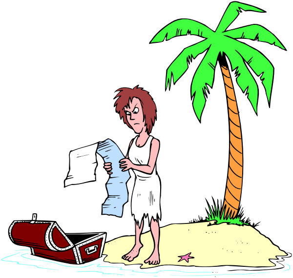 The cartoon depicts a person standing on sandy ground next to palm trees with papers scattered around them; there's also an open briefcase nearby containing more paperwork.