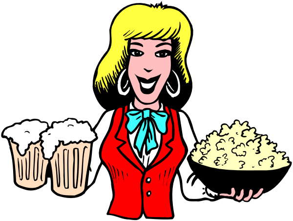 The cartoon shows a woman with blonde hair wearing glasses standing behind counter filled with popcorn buckets holding various flavors of popcorn in front of her; she is smiling at something off-camera, and there's an open umbrella to the right side of image.