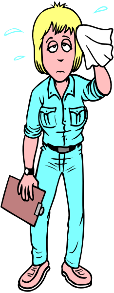 The cartoon shows a woman with blonde hair wearing blue pants holding her head while standing next to an open book; she is looking down at it in distress.