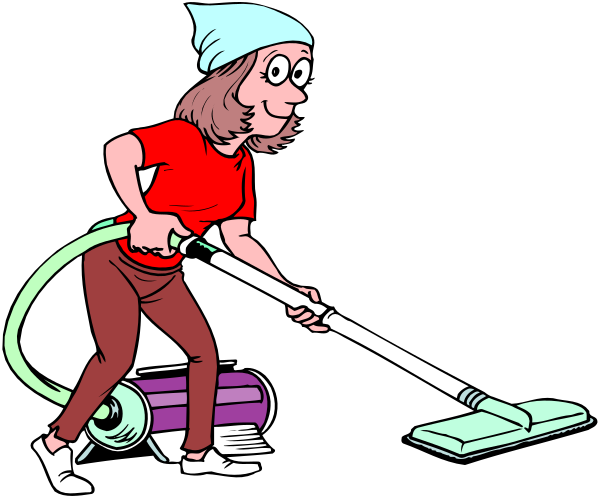 The cartoon shows a woman vacuuming with her hands on top of it while riding an upright vacuum cleaner that has wheels at one end; she is wearing red clothing and blue jeans, standing in front of what appears to be a purple object resembling a vending machine or appliance.