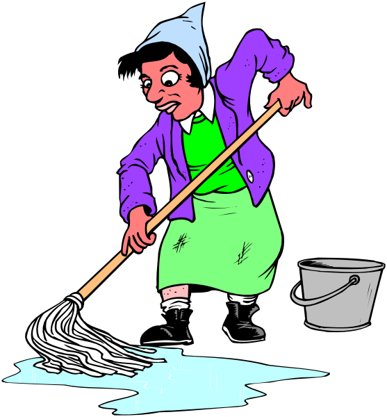 The cartoon depicts a woman with an apron cleaning up water on her hands while holding a bucket of soapy water in one hand and using another to sweep away debris from it; she is standing next to what appears to be a puddle, possibly after mopping the floor or washing something.