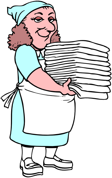 The cartoon depicts a woman wearing an apron holding stacks of papers with her hands full while standing on what appears to be a street corner at nighttime.