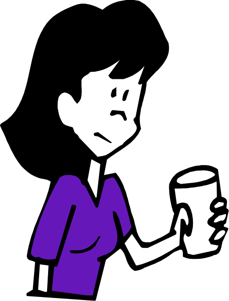 The cartoon shows a woman holding a cup of coffee with her left hand while standing on what appears to be an escalator; she is wearing a purple shirt and has short hair.