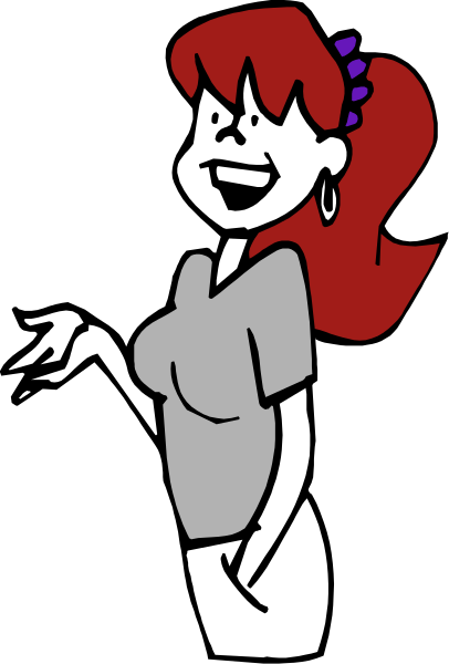 The image shows a cartoon of an animated female character with red hair wearing glasses standing against a black background; she is smiling broadly while holding her hands together in front of herself as if presenting something to someone off-camera, and there's no text present within this small clip art frame.