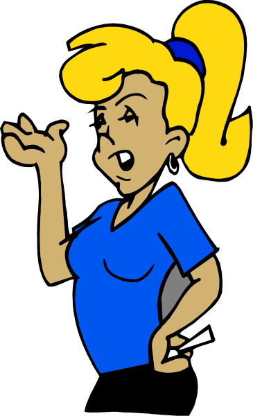 The image shows a cartoon of an animated female character with blonde hair styled into pigtails, wearing blue clothing including what appears to be a nurse's uniform top, standing against a black background; she is gesturing towards something off-frame and has her mouth open as if speaking or singing.