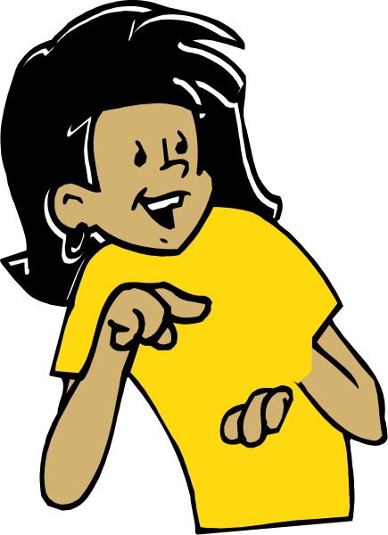 The cartoon shows a young boy with his hand on hip pointing to something off camera while wearing yellow shirt.
