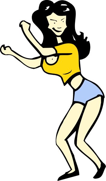 The image shows a cartoon of an animated woman dancing with her arms outstretched against a black background.