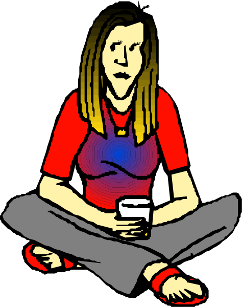 The image shows a cartoon of an adult woman sitting on her knees with crossed legs while holding what appears to be a cup in one hand. She is wearing casual clothing including a red top over another shirt that has blue and white designs, possibly resembling a tie-dye pattern or similar style. Her hair color seems natural but it's not possible for me to determine the exact shade from this description. The woman appears relaxed with her head slightly tilted downwards as if she is in deep thought or contemplation while looking at something offscreen, possibly out of frame. There are
