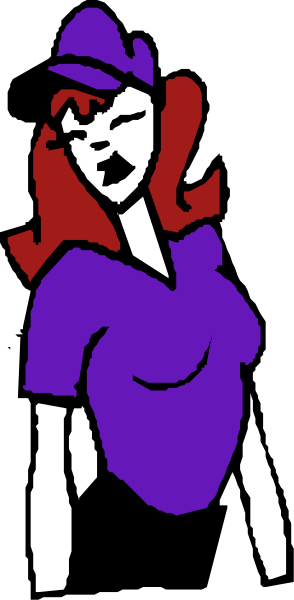The image shows a cartoon of an animated woman with red hair standing against a purple background inside what appears to be a gray frame.