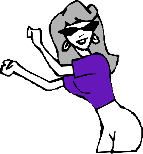 The image shows a cartoon of an animated woman with sunglasses on her head wearing a purple shirt standing against a black background; she is gesturing towards something off-frame to the right side of the frame, and there's no text present in this clip art illustration.