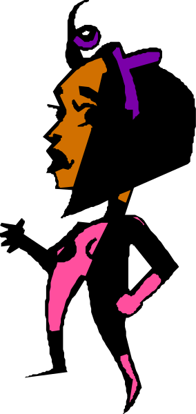 The image shows a black and white photo of an animated character with pink hair standing against a dark background inside what appears to be a doorway frame on its left side.