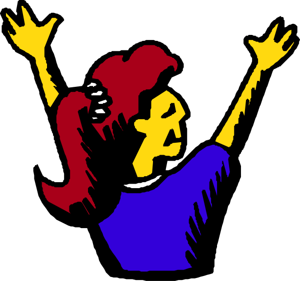 The image shows a cartoon of an animated character with red hair who appears to be excitedly celebrating by raising their arms in victory pose against a black background.