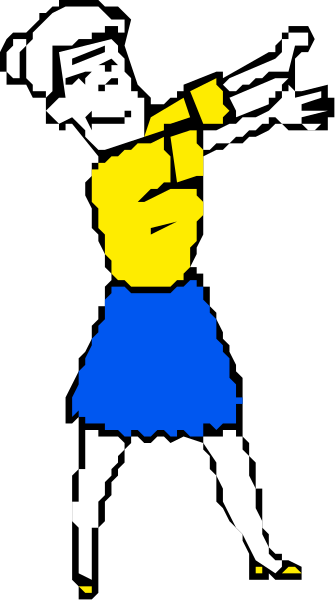 The image shows a cartoon of an animated woman with her arms outstretched as if she's dancing; she is wearing blue shorts and has blonde hair tied in pigtails.
