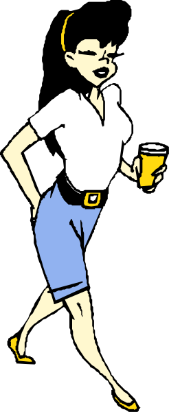 The image shows a cartoon of an animated female character walking with her hands on hips while wearing shorts; she is carrying what appears to be a cup in one hand.