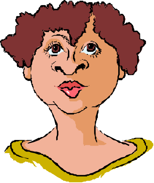 The image shows a cartoon of an adult woman with dark hair wearing glasses; she has light skin tones and is depicted in profile facing right. She appears to be smiling slightly while looking ahead.