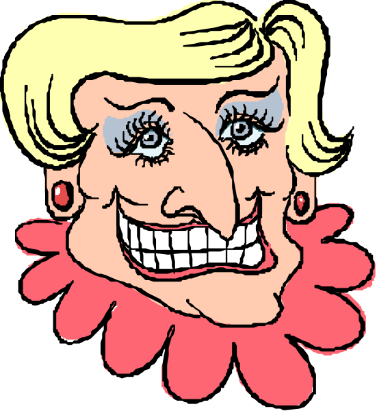 The image shows a cartoon of an elderly woman with exaggerated facial features such as large eyes and lips, wearing red lipstick and makeup around her mouth. She has blonde hair styled in bangs over her forehead and is smiling broadly at something off-camera to the left side of the frame. Her teeth are visible through her open smile. The background behind her head appears plain white with no additional details or setting provided, focusing attention on her face as she looks directly ahead towards an unseen viewer.