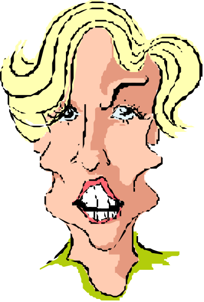 The image shows a cartoon of an older woman with blonde hair wearing glasses; she has wrinkles on her face and is smiling slightly at something off-camera to the left side of the frame.