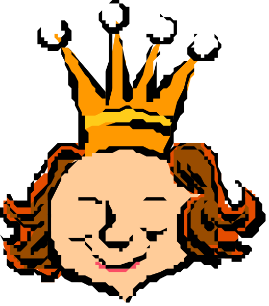 The image shows a cartoon of an animated character with red hair wearing glasses, smiling at something offscreen to her right. She is holding up what appears to be a crown on top of her head as if it's floating in mid-air above her.