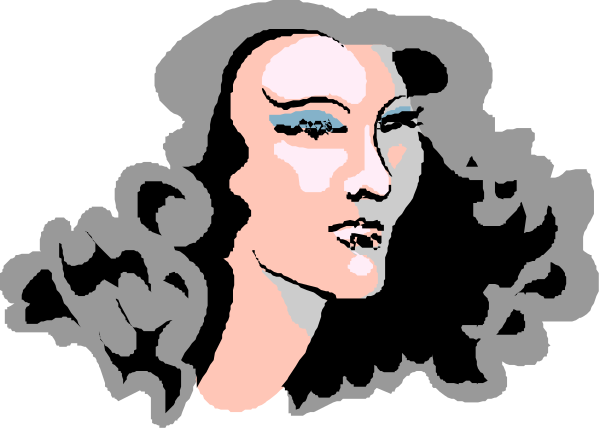 The image shows a black and white illustration of an animated character with curly hair wearing makeup on her face; she is depicted in profile view against a dark background.
