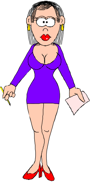 The cartoon depicts a woman with red hair wearing large hoop earrings standing against a black background; she is dressed in an elegant blue dress that has short sleeves revealing her arms, paired with high-heeled shoes and stockings. She holds what appears to be a pen or pencil between two fingers of one hand while the other rests on her hip. Her expression seems neutral as if posing for this image.