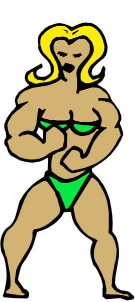 The image shows a cartoon of a muscular woman with blonde hair wearing a bikini top standing next to an advertisement for bodybuilding supplements on what appears to be a poster board in front of her, set against a plain background.