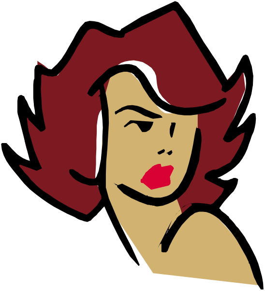 The image shows a stylized cartoon of an animated female character with red hair styled into bangs on either side of her head, wearing what appears to be a black top with white trim around it, set against a plain background that does not provide any additional context or setting details.