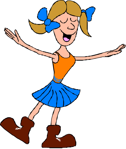 The cartoon shows a girl with blue eyes wearing an orange tank top dancing joyfully while holding her arms out to either side of herself against a black background.
