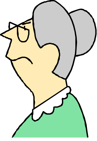 The cartoon shows a woman with gray hair wearing glasses; she has on a green top and is standing against a black background.
