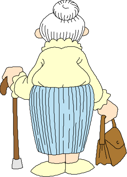 The cartoon shows an elderly woman with gray hair wearing a yellow sweater over her shoulders, blue pants rolled up at the bottoms, holding onto a cane in one hand while walking on what appears to be a sidewalk next to some grass and flowers.
