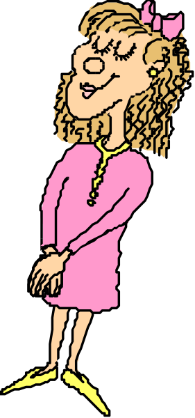 The image shows a cartoon of an animated woman with blonde hair wearing pink clothing standing against a black background; she is smiling slightly at something off-frame to her right side in this portrait orientation view.