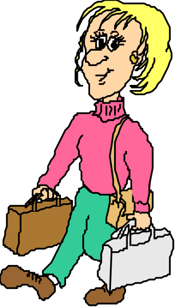 The cartoon shows a woman with blonde hair wearing glasses standing on her head while holding bags of groceries; she is dressed in pink clothing and has luggage nearby.