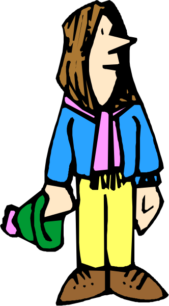 The image shows a cartoon of an adult woman with brown hair wearing blue jeans standing next to her handbag on what appears to be a city street at nighttime.