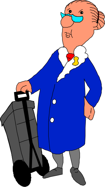 The cartoon shows a man standing next to luggage with his hands on hips; he is wearing glasses, has white hair, and wears blue clothing including pants and shoes.