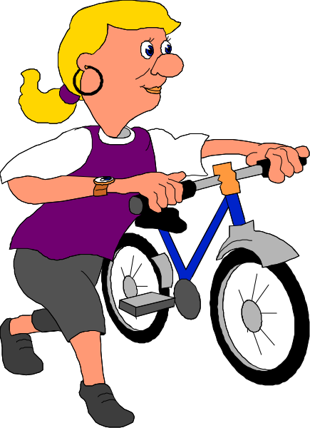 The cartoon depicts a woman riding an adult tricycle with training wheels on it while wearing shorts and a purple shirt.