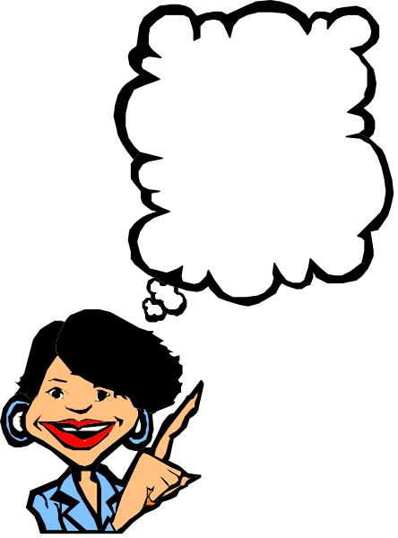The image shows a cartoon of an animated character with black hair pointing to her right at something offscreen while holding up a speech bubble that is empty in color.