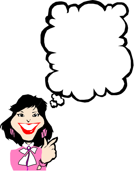 The image shows a cartoon of an animated character with dark hair pointing to something offscreen while standing next to a speech bubble that contains a thought balloon icon inside it.